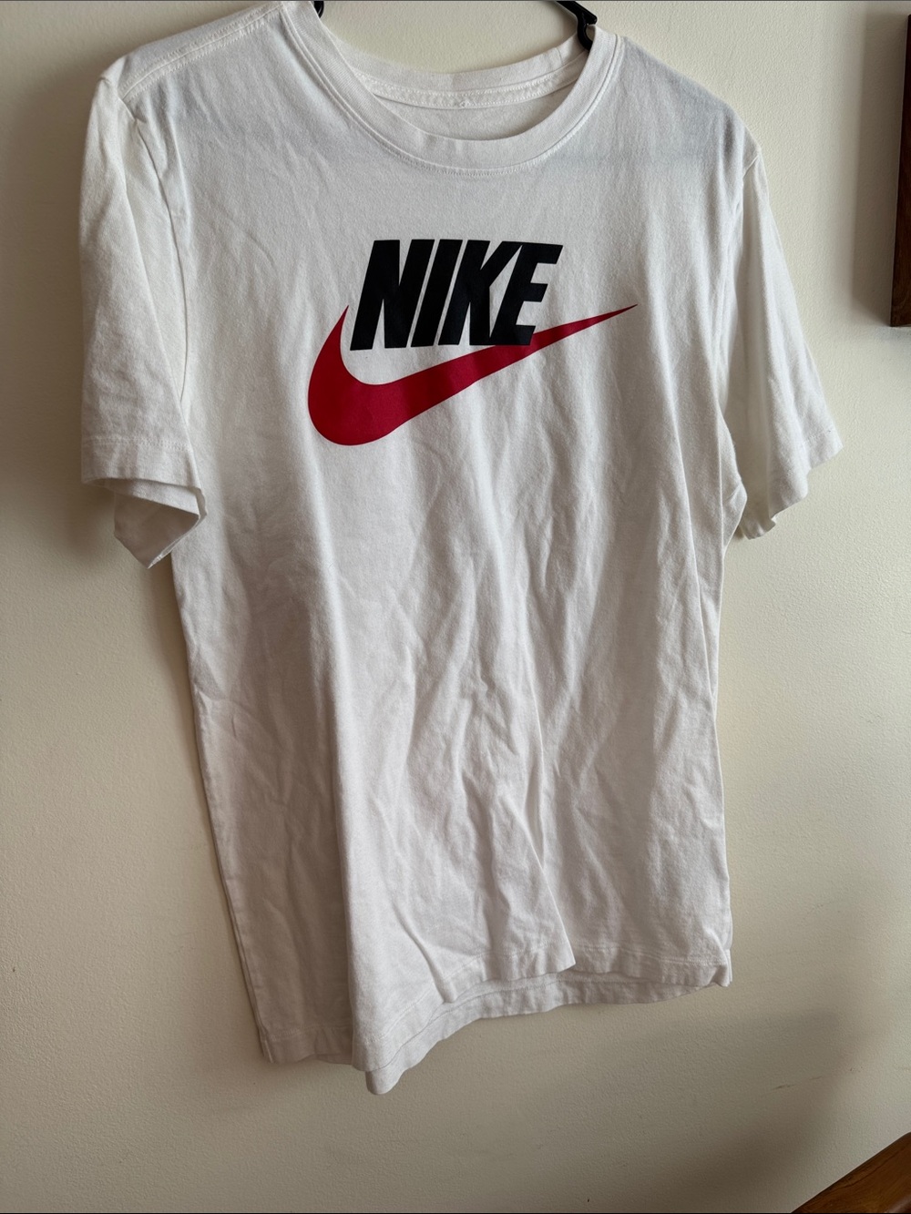 Nike Men’s White Tee with Red Swoosh and Black Logo